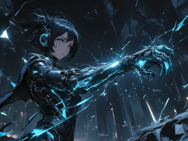 floating mechanical arm in perfect sync with hand movements、with black metal and blue luminescent lines、Floating on the side of a female adventurer's arms、mechanical arm floating in the air、in the background is a dark stone chamber at an ancient site、float...