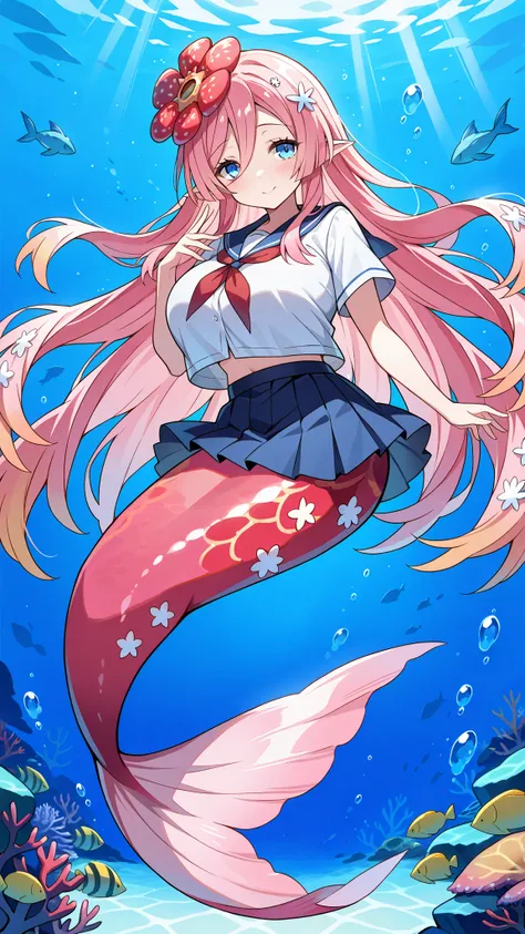 (Fraction_9:0.9),Fraction_8_Up,Fraction_7_Up,grade,(zPDXL3),(   masterpiece),  (Best Quality ),(All five fingers ),A Girl,alone,traptrix_rafflesia,PINK HAIR,Rawang flower hair ornament ,Long hair ,blue eyes, Japanese school uniform, skirt,Big breasts,Big b...