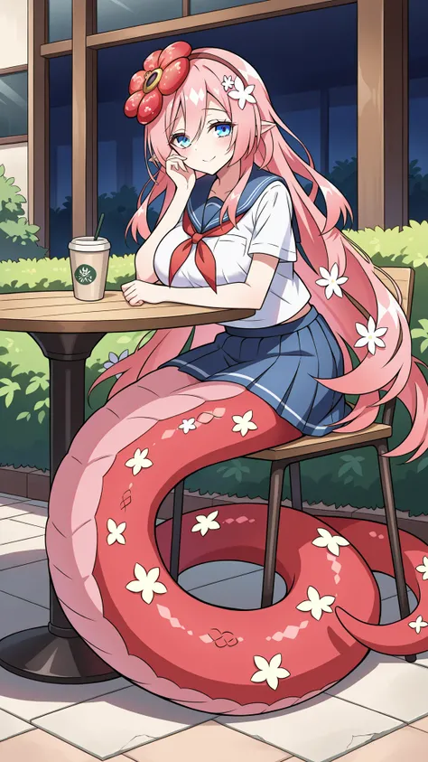 (Fraction_9:0.9),Fraction_8_Up,Fraction_7_Up,grade,(zPDXL3),(   masterpiece),  (Best Quality ),(All five fingers ),A Girl,alone,traptrix_rafflesia,PINK HAIR,Rawang flower hair ornament ,Long hair ,blue eyes, Japanese school uniform, skirt,Big breasts,Big b...