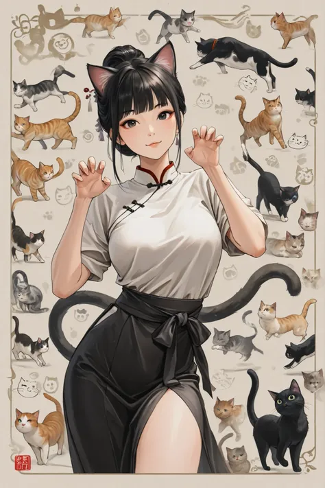  ArsMJStyle, Zen Ink Wash Sumi-e, Many cat-shaped icons and logos are gathered to form 1 beautiful girl、Composed of cat icons１Girl、Cat Dance、many kinds of cat icons、Ultra high definition 、Greatest Masterpiece,