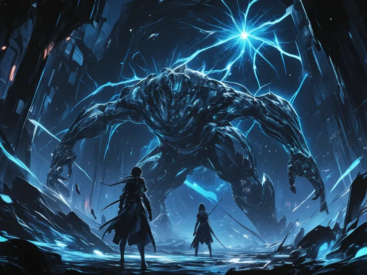 A giant mechanical arm floating on the side of a female adventurer、with black metal and blue luminescent lines、mechanical arm floating in the air、in the background is a dark stone chamber at an ancient site、blue energy particles and sparks around the float...
