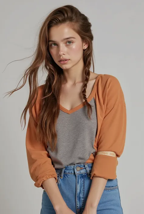 mulher jovem branca,  brown braided hair ,  wearing Gray and Orange Blouse and Jeans