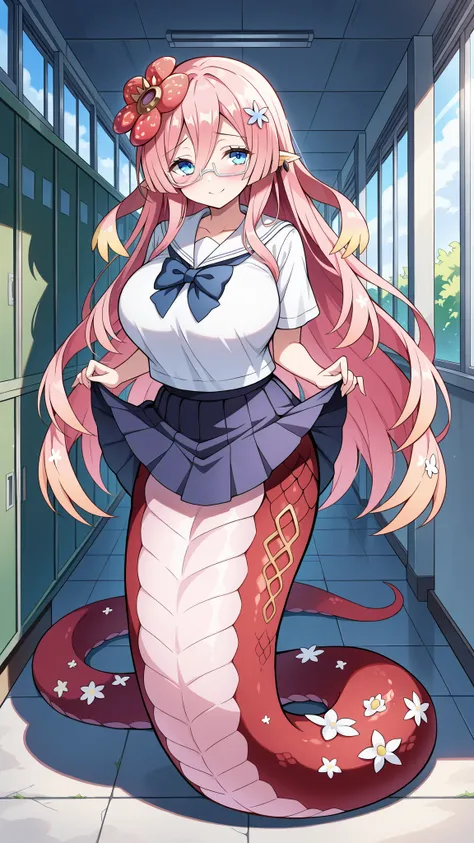 (Fraction_9:0.9),Fraction_8_Up,Fraction_7_Up,grade,(zPDXL3),(   masterpiece),  (Best Quality ),(All five fingers ),A Girl,alone,traptrix_rafflesia,PINK HAIR,Rawang flower hair ornament ,Long hair ,blue eyes, white frame glasses,Japanese school uniform, ski...