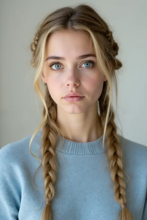 mulher jovem branca,  braided blond hair , Blue Eyes wearing Light Blue Sweater 