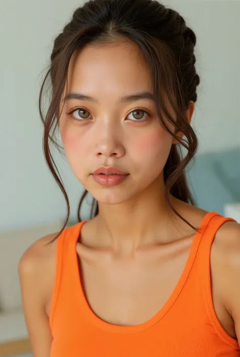 mulher jovem branca,  black braided hair , Light Brown Eyes Wearing Orange Tank Top 