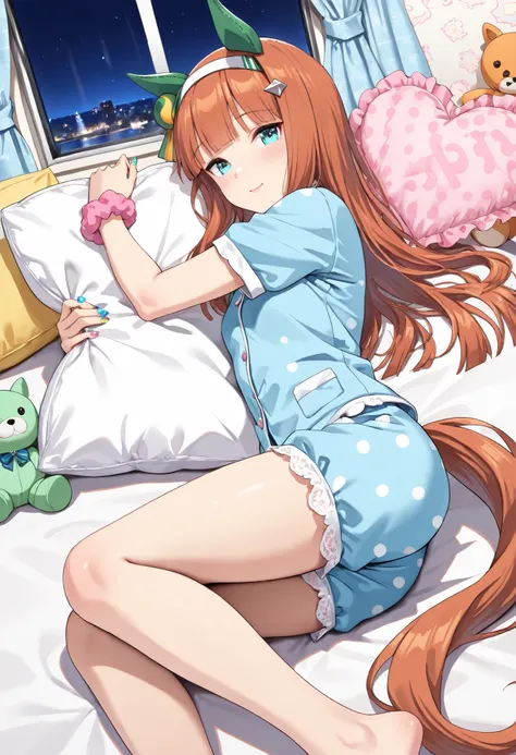 (masterpiece, best quality, perfect face:1.4), wide angle, silence suzuka \(umamusume\), horse ears, ear cover, white headband, small breasts, horse tail, tail on the lower back, proportional body, proportional,1 girl, beautiful hair, beautiful face, beaut...