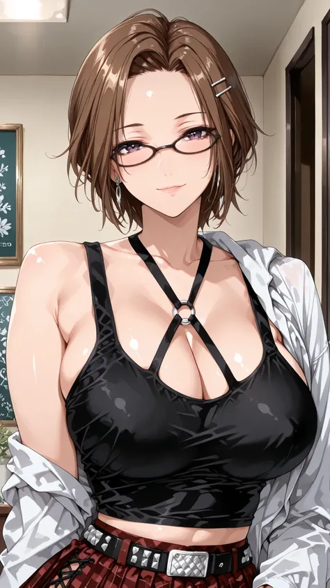 solo, tomoe (accelerando), purple eyes, brown hair, short hair, glasses, mature woman, Tight waist、Small waist、shiny Skin , (upper body), sexy, (adult woman, 25+), score_9, score_8_up, score_7_up, source_anime,(extremely detailed CG), (best quality), Goth...