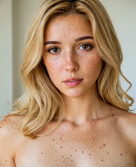 A beautiful woman with a medium bust, professional portrait, natural light, High quality, blonde, with brown eyes and freckles that do not stand out much on her face