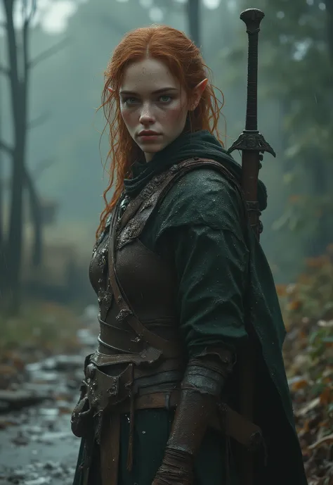 Photorealistic candid shot of a fierce young elven ranger woman walking toward the viewer along muddy forest road in heavy pouring rain, captured in dynamic three-quarter view from front-side angle like accidental paparazzi photo, (she is slightly turned t...