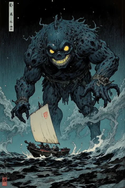 black and white,ubizoのUkiyo-e, ubizoは船を襲う妖怪,Composition of a giant figure overlooking a ship in rough waves,appearing from the surface of the sea,ubizoの巨大さを強調,based on blue and black,in the dark sea、red and only both eyes can see from the surface of the se...