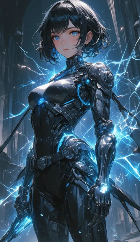 Young Adventurer Woman、Leather Light Armor、short hair、Battle Positions、両脇にFloatingする巨大な機械義腕、Mechanical Arm、mechanical、Floating、Blue energy sparkles、Gears and Wires、fusion of cyberpunk and fantasy、Detailed Metallic Texture、luminous joints、dynamic pose、dark ...