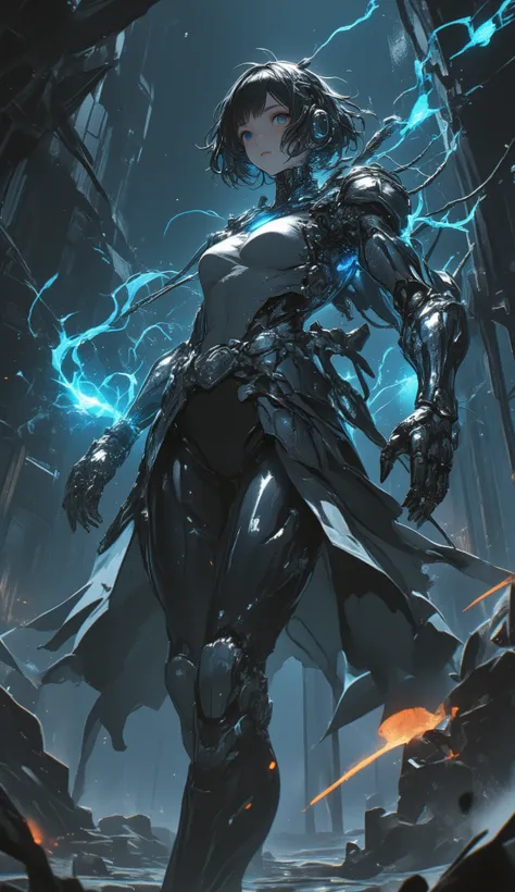Young Adventurer Woman、short hair、両脇にFloatingする巨大な機械義腕、Mechanical Arm、Floating、 Blue energy glow、Gears and Wires、fusion of cyberpunk and fantasy、Detailed Metallic Texture、luminous joints、dynamic pose、dark dungeon background、dust、top quality、extremely detai...
