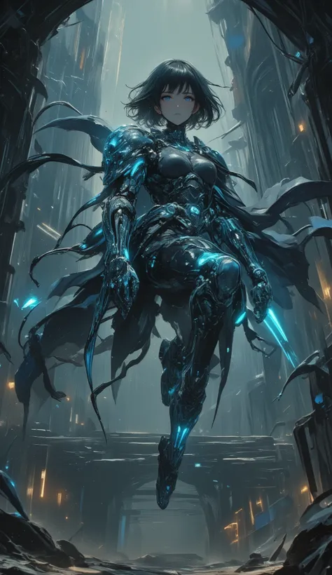 Young Adventurer Woman、short hair、両脇にFloatingする巨大な機械義腕、Mechanical Arm、Floating、 Blue energy glow、Gears and Wires、fusion of cyberpunk and fantasy、Detailed Metallic Texture、luminous joints、dynamic pose、dark dungeon background、dust、top quality、extremely detai...