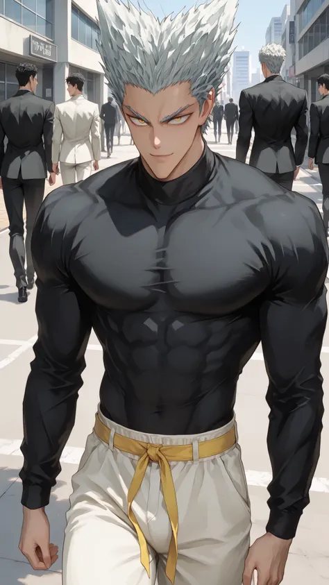 top quality underneath, very detailed illustration.
Garou (One Punch Man) Base male character.
rebellious short silver hair, Sharp golden eyes, Clear jawline and mature masculine beauty. The black top is illuminated so that it doesn't blend with the b...