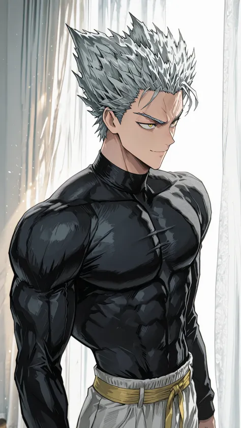 top quality underneath, very detailed, Perfect Description , Mature Male Garou, rebellious short silver hair, original unique texture, Strong masculine beauty , distinct jawline, Sexy side view, perfect muscular upper body, wide shoulder line, Strong ches...