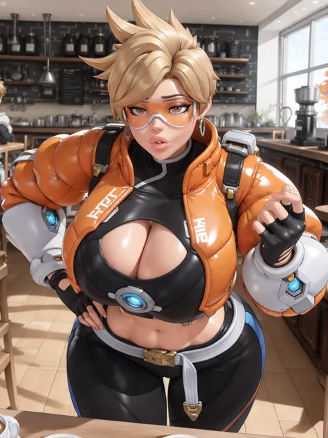 owtracer, le sserafim tracer, 1 girl, solo, blonde hair, spiky hair, orange glasses, earrings, crop top, cleavage cutout, puffy jacket, cropped jacket, leggings, 1girl, gigantic breasts, wide hips, gigantic thighs, narrow waist, belly, masterpiece, best qu...