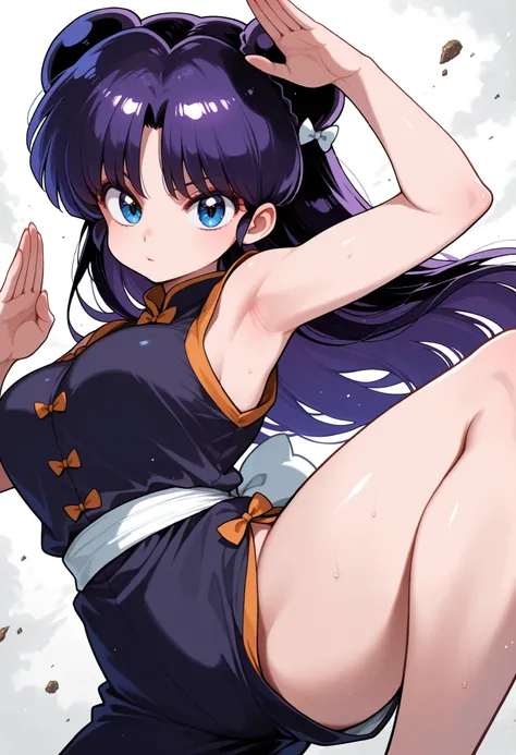1girl, kyuonji ukyo\(ranma 1/2\), armpits, fighting stance, okonomiyaki, hidden weapon, masterpiece, looking at viewer, dynamic pose