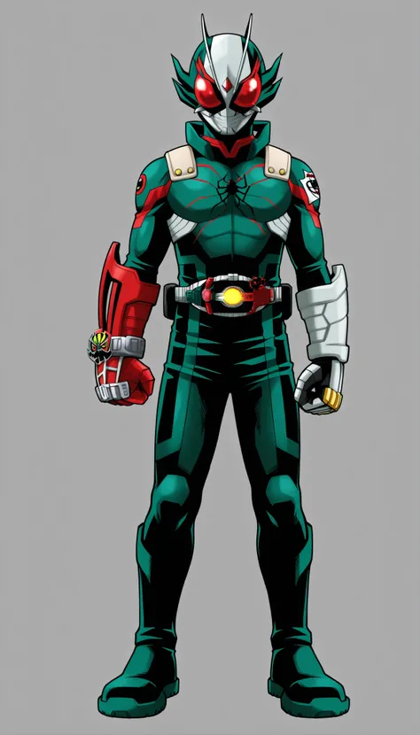 ((Highest Quality)), ((simple light grey Background)), (My Hero Academia Style), standing, (1male), (Male), solo, slender body, athletic body, slim body, standing, Full Body, helmet, covered eyes, izuku midoriya, hero, kamen rider, masked rider, belt, gree...