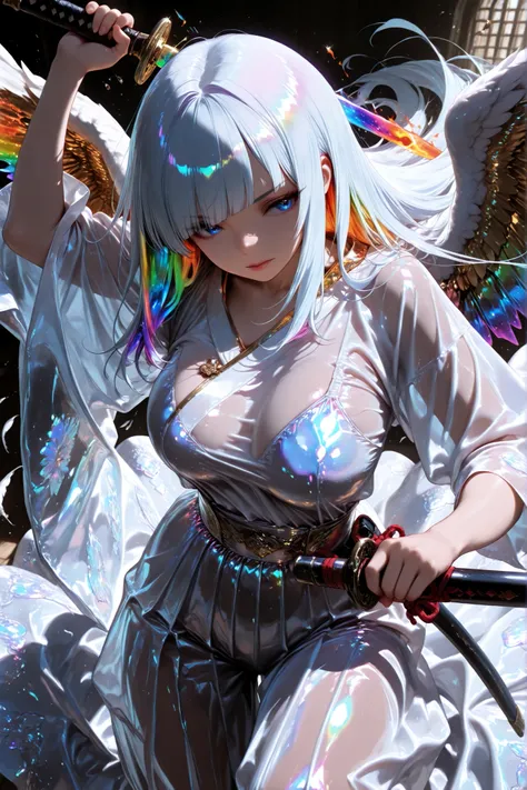 surgical movement seen from above of a rainbow-colored scalpel,((with a flame effect,dynamic motion)) ,Saturn Stance ,Battle Motion,((5 anatomically accurate fingers)),complete anatomy,solo,1girl,long hair, (Iridescent transparent gold),Crystal Hair ,strai...