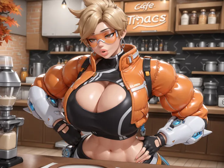 owtracer, le sserafim tracer, 1 girl, solo, blonde hair, spiky hair, orange glasses, earrings, crop top, cleavage cutout, puffy jacket, cropped jacket, leggings, 1girl, gigantic breasts, wide hips, gigantic thighs, narrow waist, belly, masterpiece, best qu...