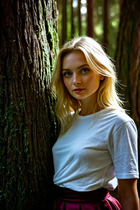 photo of a woman (sympathetic expression), ultra-textured skin, looking at the camera, goosebumps, blonde hair half-loose, burgundy silk skirt, white T-shirt, small blue eyes, general profile, ultra-textured, tall ancient redwood trees creating a sense of ...
