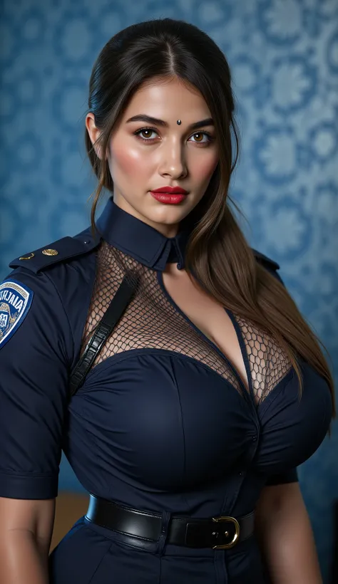 Gorgeous young aishwarya, police uniform ,sheer mesh,red lipstick, slut, milf, serious face, full slim body, Breasts, Thick boob, deep cleavage, Earrings, nose ring, wallpaper blue 