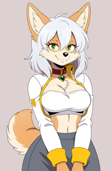 (solo), best quality, high resolution, absurdres, (adult), (by sssonic2), (adorable smile), (cute, adult), (female), (anthro, welsh corgi, cute short corgi tail), (5'10 ft tall in body height, light brown body, white patches),  medium hair, silver hair, [h...