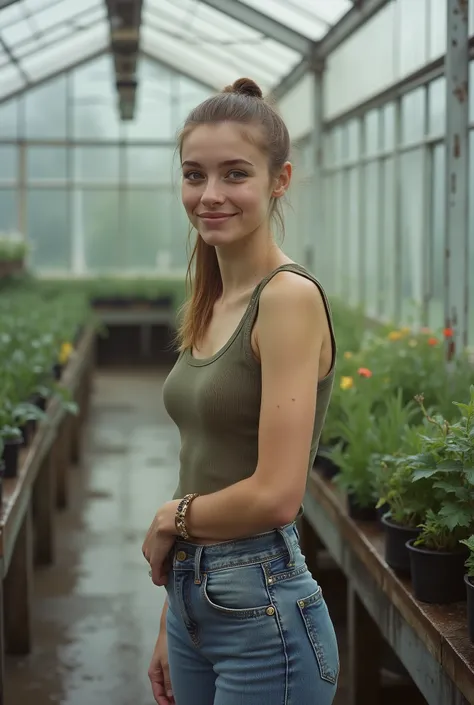 personal photograph full-length shot.
Young European woman with light skin and meticulously middle-parted light-brown hair, styled sleek and perfectly flat against the head, visible gel shine, secured in a tight low sleek ponytail. No frizz, no loose stran...