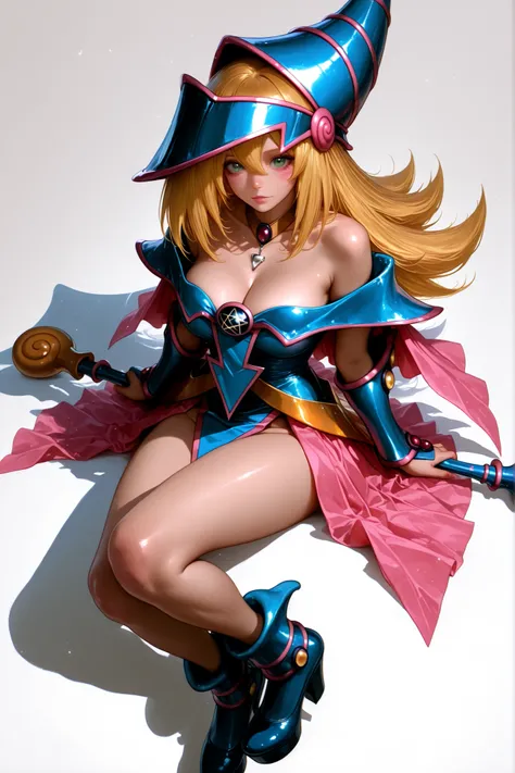 Dark Magician Girl with realistic clothes, less big hair, high platform pumps instead of her usual footwear, tiara instead of her usual hat, chocker instead of her usual necklace.