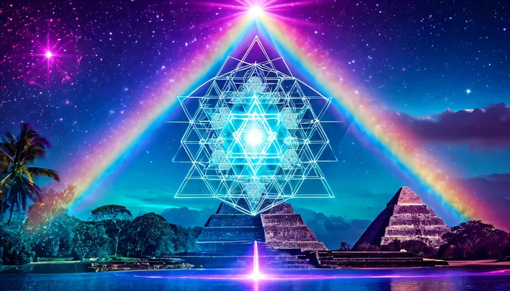 visionary spiritual art 5D,  an ethereal feminine being of pure crystalline light that emerges from sacred geometry, radiant aura of prismatic rainbow light, translucent and shiny skin with inner starlight, surrounded by rotating luminous merkabas, Metatro...