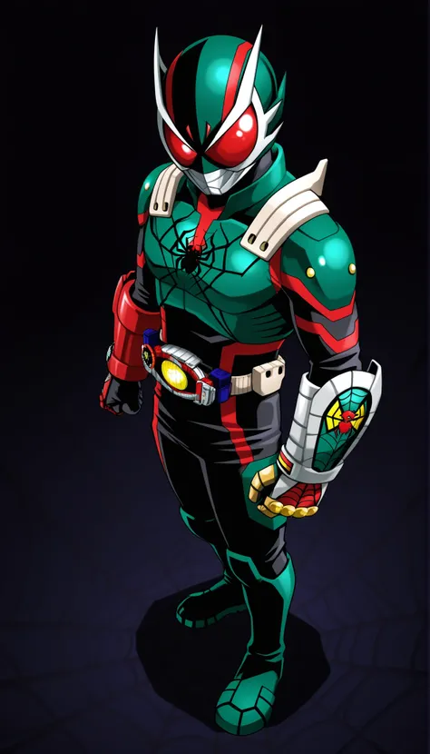 ((Highest Quality)), ((dark street hall Background)), (My Hero Academia Style), standing, (1male), (Male), solo, slender body, athletic body, slim body, standing, Full Body, helmet, covered eyes, izuku midoriya, hero, kamen rider, masked rider, belt, green...