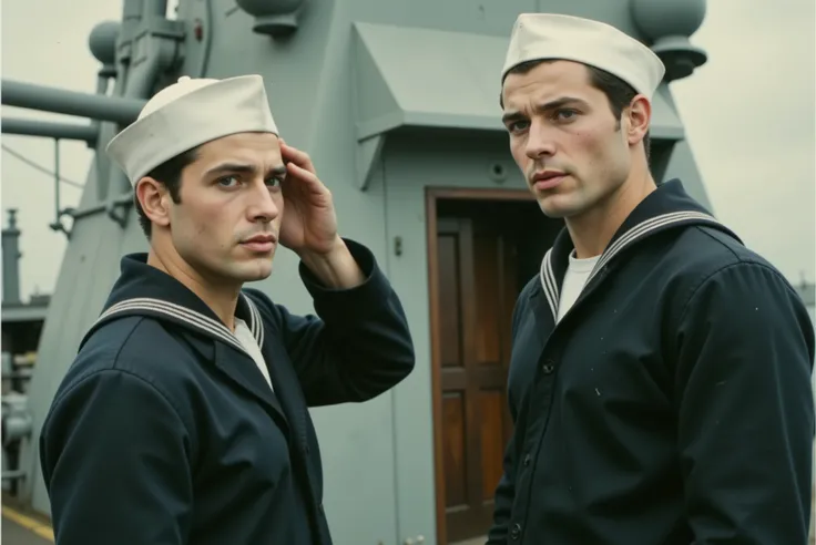 Two United States Navy sailors from the 1940s, both white with dark hair, are standing on the deck of a naval ship. They are dressed in traditional navy blue uniforms with white-striped collars and white “Dixie cup” hats. Their expressions are confused and...