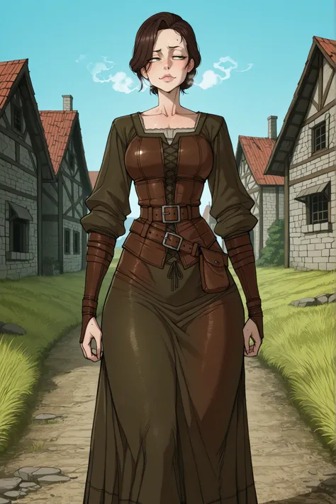 high quality, a 30-year-old French woman, 1.65 meters tall, slender and agile figure with soft feminine curves, green eyes with a sensual yet insecure gaze, light freckles on her nose and cheeks, naturally red medium lips, dark arched eyebrows, defined che...