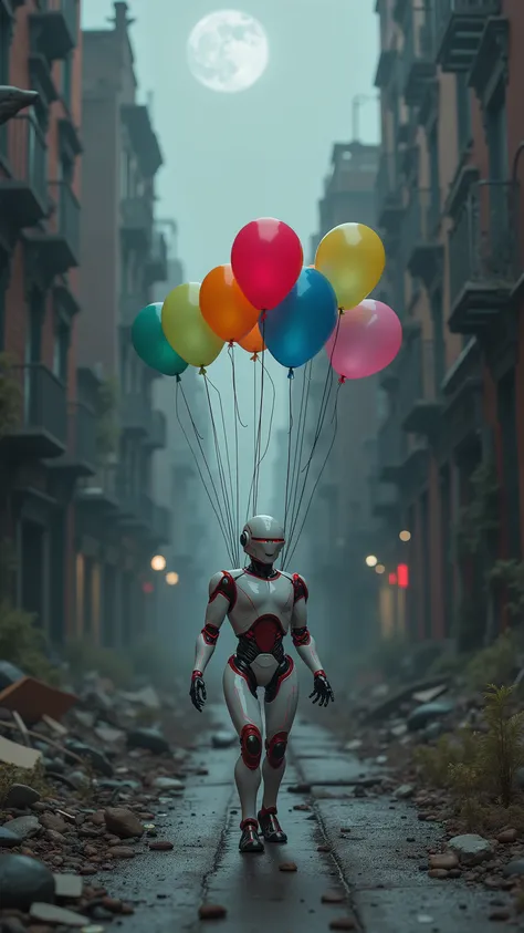 highdefinition picture、In the ruined streets of New York on a moonlit night、a robot with a white body and red lines chases seven colored balloons