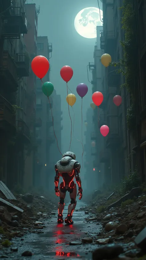 highdefinition picture、In the ruined streets of New York on a moonlit night、a robot with a white body and red lines chases seven colored balloons
