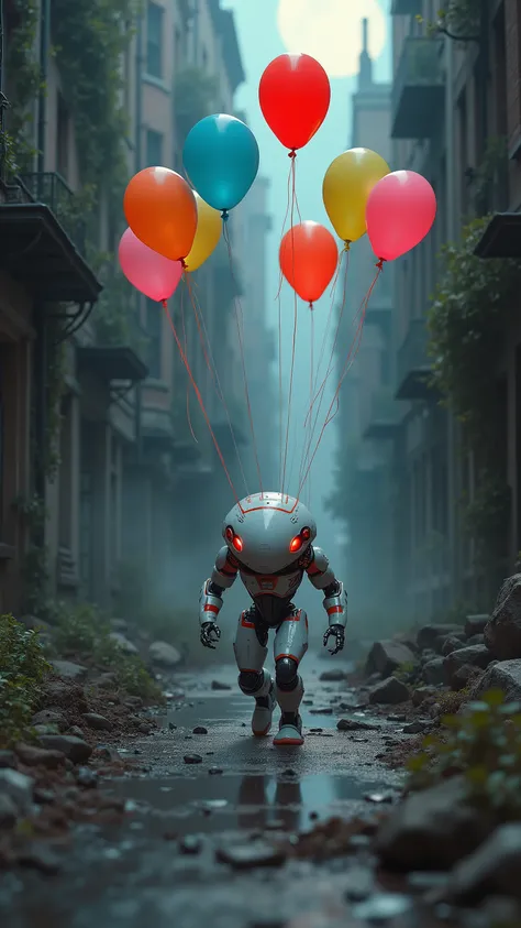 highdefinition picture、In the ruined streets of New York on a moonlit night、a robot with a white body and red lines chases seven colored balloons