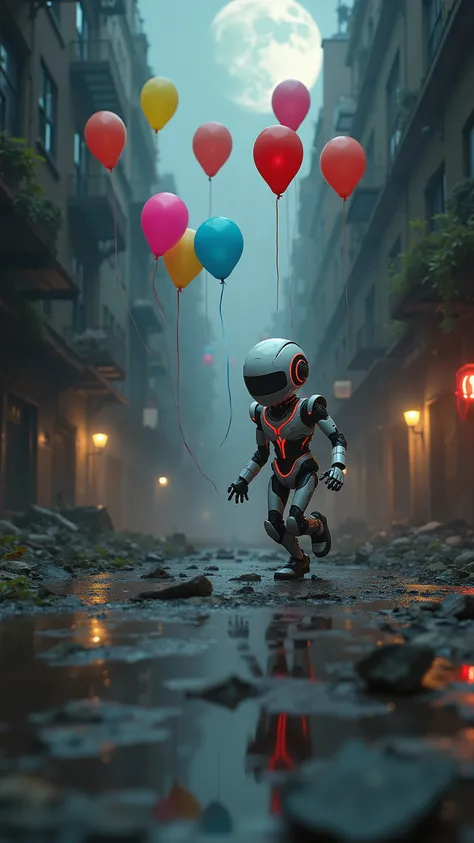 highdefinition picture、In the ruined streets of New York on a moonlit night、a robot with a white body and red lines chases seven colored balloons