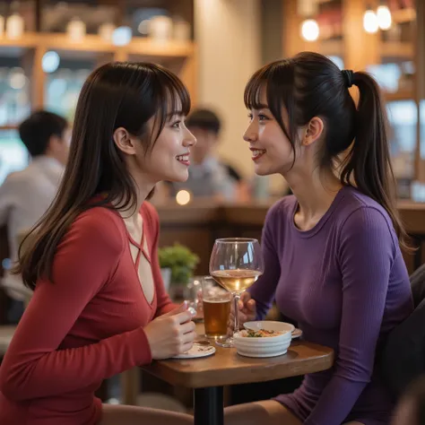Date with two top Japanese idol women in a cafe、Laughing and having an intimate conversation、natural arm position、in a casual tight-fitting knit dress, the two of them each have ultra-tight rubberized luster in reddish purple and blue-purple、Ultra clear fo...