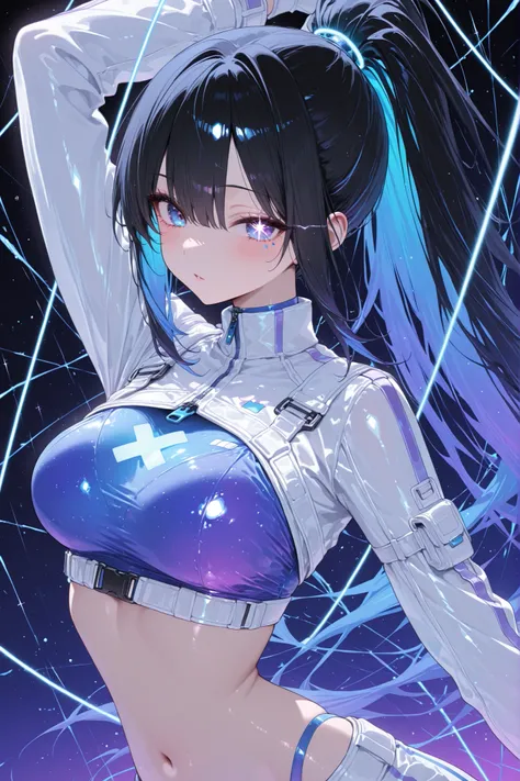 top quality、ultimate detail、1 Girl、Black hair main、large center part、tingling texture、thread、clear eyes、blue-purple eyes、X in the eye、Cool Gaze、 Sharp-looking、pretty profile、Dancing in the Wind、The background is blue、dynamic angle、Upper Body Shots、high ima...