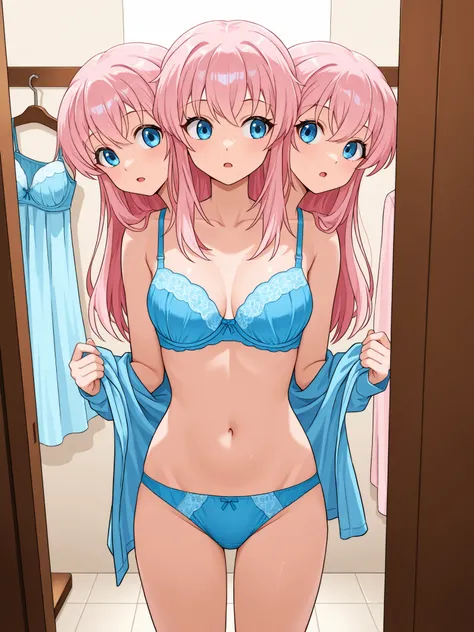 conjoined, anime girl with three heads, long pink hair, blue eyes, contemplative, indecisive, open mouth, talking to herself, blue bra and panties, standing in a dressing room, hanging clothes, solo