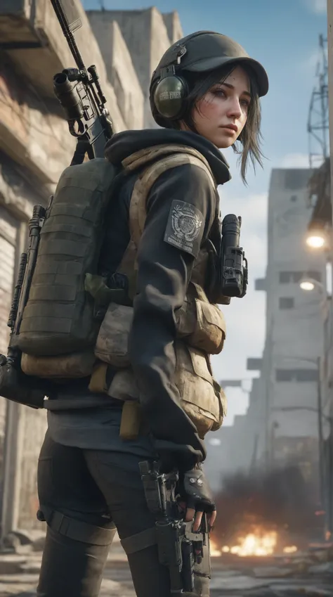 highdefinition picture、PLAYERUNKNOWN'S BATTLEGROUNDS、A fully armed female soldier is hiding and taking aim in a cyber city