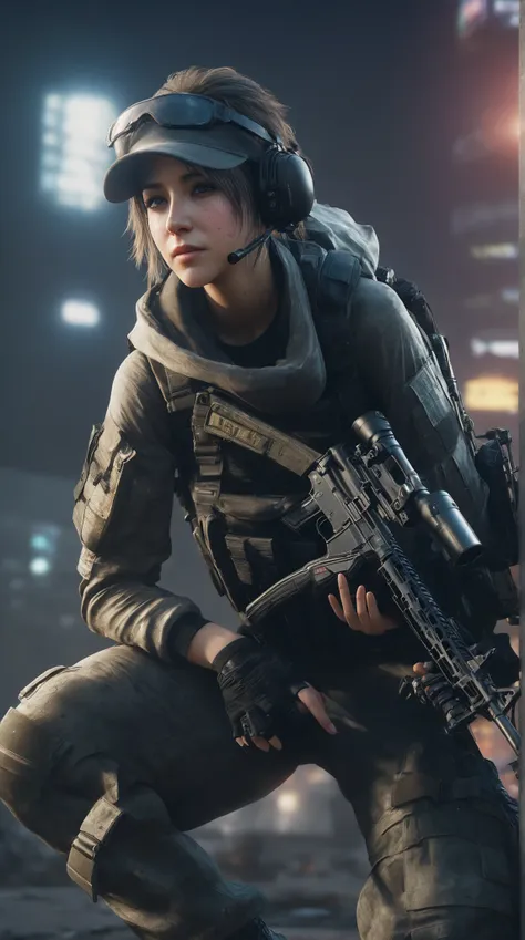 highdefinition picture、PLAYERUNKNOWN'S BATTLEGROUNDS、A fully armed female soldier is hiding and taking aim in a cyber city