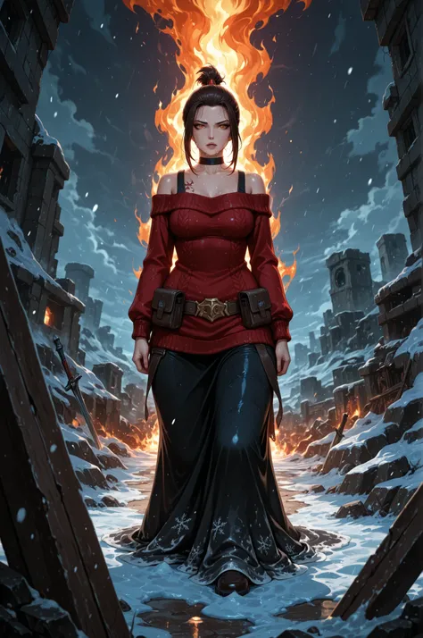  Azula , amber eyes . wavy dark brown hair strands above her shoulders. short hair. small saggy breasts. huge hips. choker. | Environment: snow‑covered rubble, icy debris, and twisted metal scattered around; fresh snowfall softly blankets the ruins, with f...