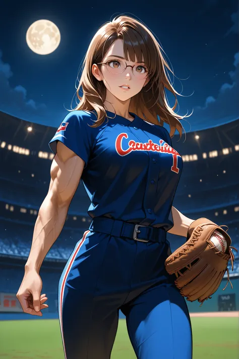 Beautiful young American Woman, short, muscular body, medium breasts, brown hair, glasses, baseball catcher’s uniform and gear. Catcher’s mitt, night, catching the moon, baseball stadium