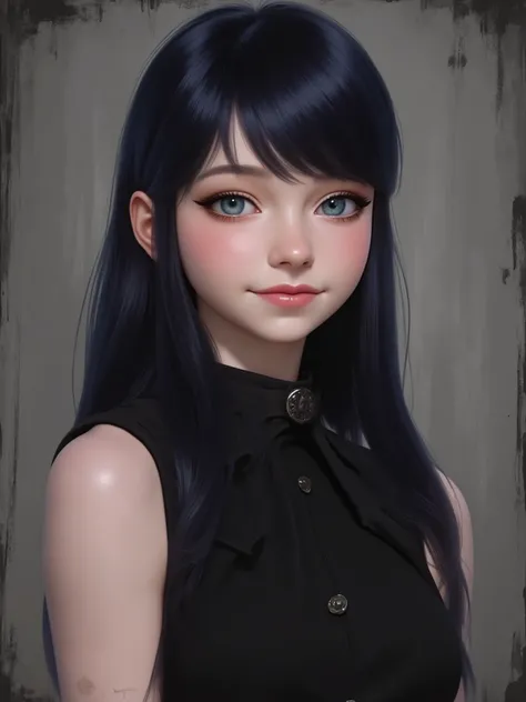realistic cartoon, marinette Dopanchan, A very beautiful and cute 22 year old woman with a slight smile. (((Shy smile))), sharp focus on the face, (((Western eyes:1.5))), (((Extremely detailed ice-blue eyes, beautiful eyes, beautifully detailed eyes))), ((...