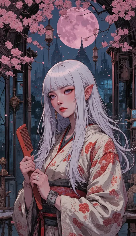 (A digital art piece blending ukiyo-e with dark fantasy, creating an aesthetic and gothic style. The face is rendered in intricate detail. A dark elf woman combs her hair in a room of mirrors, bathed in moonlight.) BREAK
(Medieval Italy, Rococo architectu...