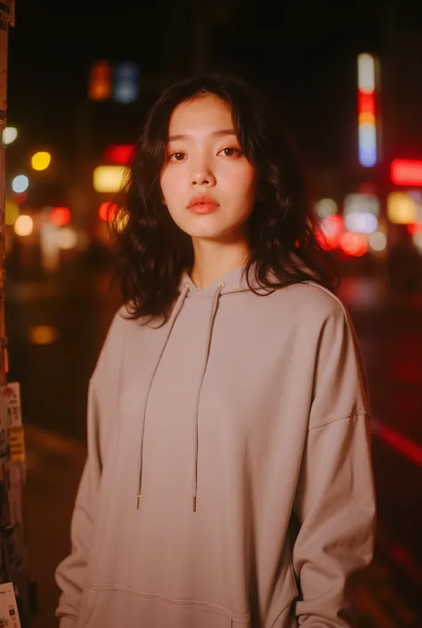 {
  "prompt": {
    "positive": "High-resolution vertical portrait, 4K quality. A woman with wavy black hair, slightly damp. Dreamy soft gaze looking up toward the camera. Wearing an oversized slate grey/teal hoodie. Leaning against a wall covered with mes...