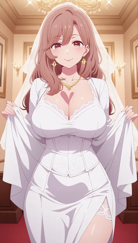 masterpiece, professional photoshoot, (Alone) SAITO Miyako EXACT, long brown hair required do not change, thoughtful brown eyes , (mature woman:1.2), Shining Jewels (Elegant Earrings, Delicate neck ), ((Miyako's characteristic sparkling smile)), Enchantin...