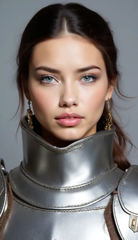 neat young woman wearing luxurious silver armor、、female knight、Passport photo of a、、ear piercings、looking at camera、looking directly in front、No expression、is closing his mouth、face close-up、grey background、
