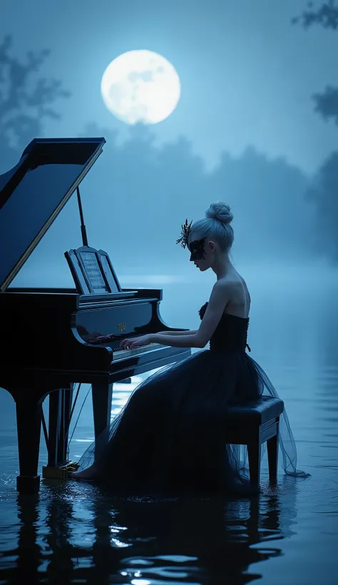 an ethereal picturesque photo art reminiscent of 18th-century French Rococo painting like Antoine Watteau, Inspired by "Clair de lune" Debussy from Suite bergamasque. it contains soft pastel colors emphasizing these color--pale blue, silver, black--, soft ...